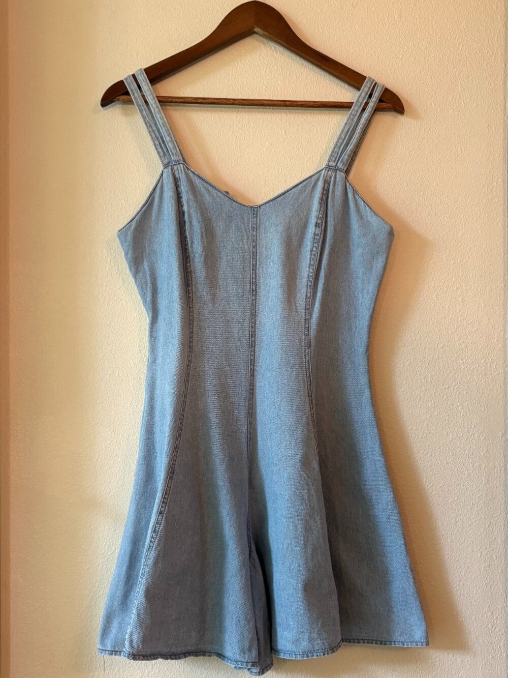 Vintage 90s Switch USA Light Wash Paneled Denim Romper Sz S Flouncy Skort Dress